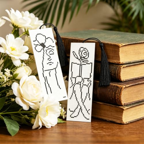 Image of ACRNIGHEET 6PCS Cross Stitch Bookmark Kit for Beginner Stamped Cross Stitch Kits for Adults Abstract DIY Tassel Embroidery Bookmark Kits Needlepoint Kit with Instructions Craft Gift 8.5''x3'' 11CT
