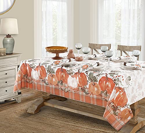 Newbridge Pumpkin Gingham Country Rustic Bordered Thanksgiving Fabric Tablecloth, Autumn Farmhouse Pumpkin Vine Plaid Easy Care Fall Tablecloth, 60” X 84” Oblong/Rectangle #TOP1
