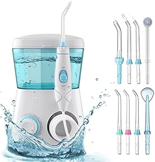 Dental Water Flosser, Oral Irrigator, 10 Adjustable Pressure Teeth Cleaner, 8 Interchangeable Jet Tips, 600 ML Capacity for Tooth Cleaning, Waterproof Leakproof Family(White) 9 Piece Set