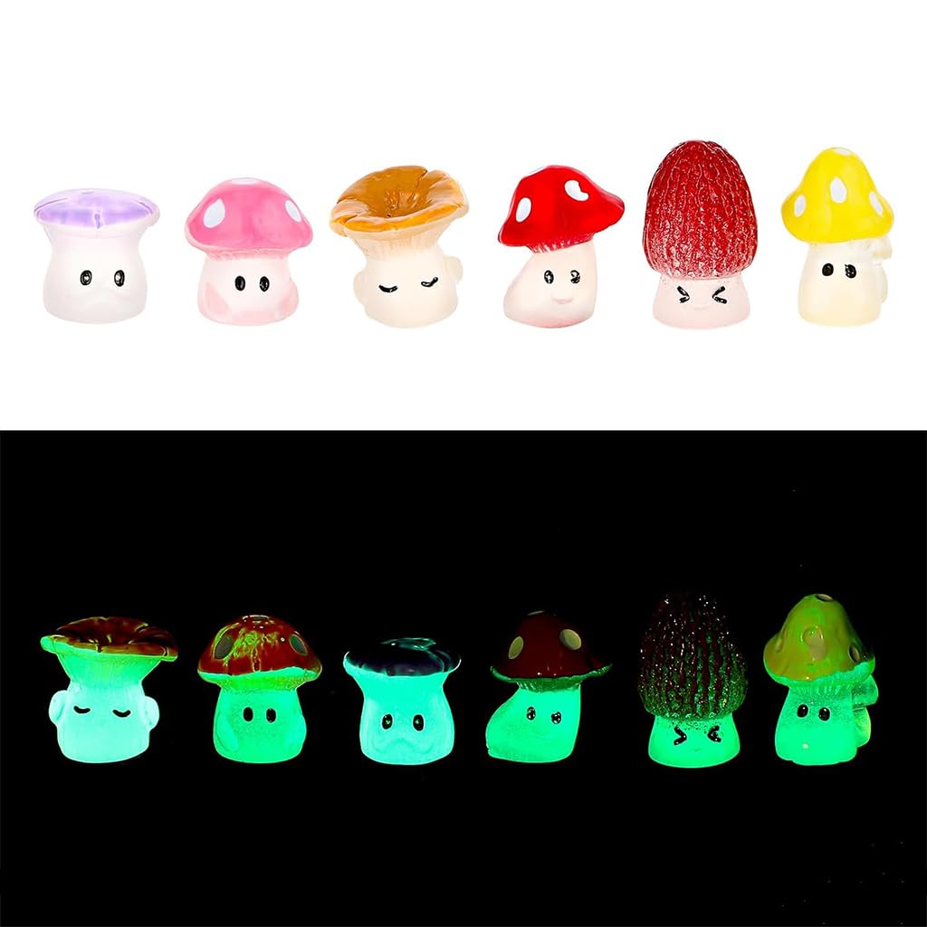 HASTHIP® Garden Miniature Figurines Decoration - Mini Resin Luminous Mushrooms - Micro Landscape Ornaments DIY Kit - Miniature Garden Decor for Moss Landscape - Garden Accessories Decorations (6Pcs)