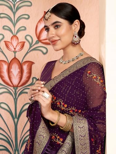 Image of Satrani Women's Georgette Embroidery & Stone Work Saree with Unstitched Blouse Piece