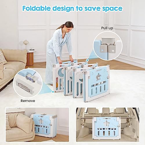 Baby Playpen, Dripex Baby Playard for Babies and Toddlers, 14-Panel Foldable Playpen Adjustable Portable Play Area, Indoor/Outdoor Kids Active Center with Game Panel & Safety Gate, Blue White