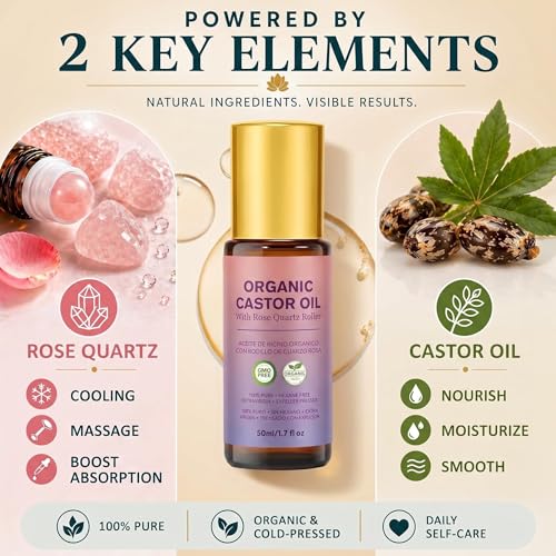 Organic Castor Oil Roll On with Rose Quartz Roller, 100% Cold Pressed Organic Castor Oil, Hexane-Free, Multi-Use for Face, Body, Hair & Eyebrows, Leaves Skin Soft, Smooth & Hydrated, 1.7 fl oz — view 3
