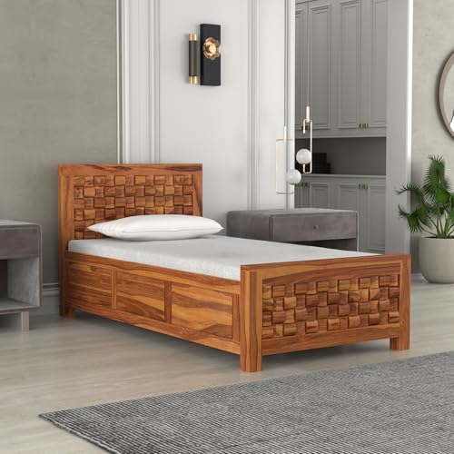 Image of Sheesham Wood Single Size Bed with Storage Box | Wooden Cot for Bedroom | Premium Niwar Design Headboard Bed for Living Room | Honey Finish