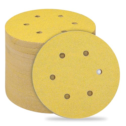 STEBRUAM Discos de Lija de 150mm,40 Piezas Autoadhesivos de Lija Abrasivos Papel de lija de 40 Granos para Lijadora Orbital Excéntrica amarill