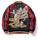 Sukajack Red Satin Embroidery Bomber Jacket Oversized Long Sleeve Spring Autumn Streetwear Coat Japanese Style Zip Up Windbreaker for Men