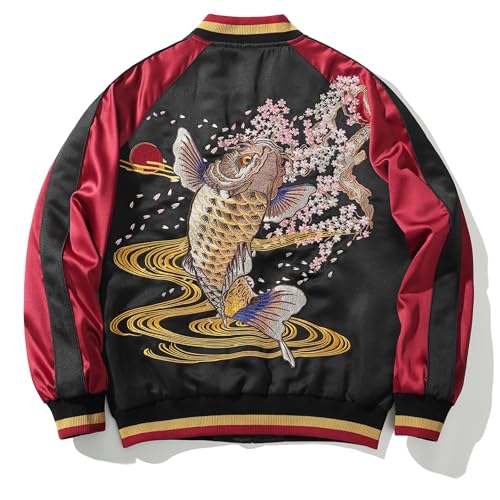 Satin Embroidery Bomber Jacket Oversized Spring Autumn Streetwear Coat Japanese Style Zip Up Windbreaker for Men