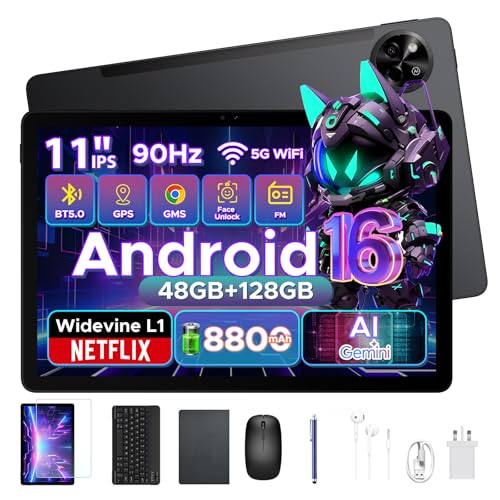 POCKAM P11 Android 16 Tablet, 11 Inch Tablet with 48GB RAM+128GB ROM/TF 2TB, T7250 Android Tablets with 90Hz Display, 8800mAh, 13MP+5MP, Gemini AI, Widevine L1, Face ID, 5G WIFI, Pen, Keyboard, Black