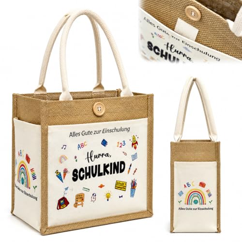 Jute Tasche Einschulung 2026 Wiederverwendbare Geschenktüte mit Wasserabweisender Innenschicht Schulkind Tasche mit Frontfach & Seitentaschen Geschenk für Mädchen und Jungen zur Einschulung