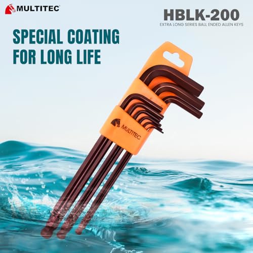 Image of MULTITEC Allen Key Set HBLK200 - 9-Piece Extra Long Ball End Hex Keys (1.5mm to 10mm) with Plastic Holder | Alloy Steel | Hardened & Tempered | Chamfered Edges | High Torsional Strength
