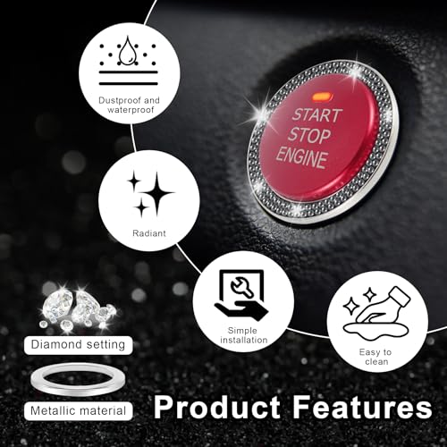 LivTee 2 PCS Crystal Double Rhinestone Car Engine Start Stop Decoration Ring, Bling Car Interior Accessories for Women, Push to Start Button Cover, Key Ignition & Knob Bling Ring, Glossy Black