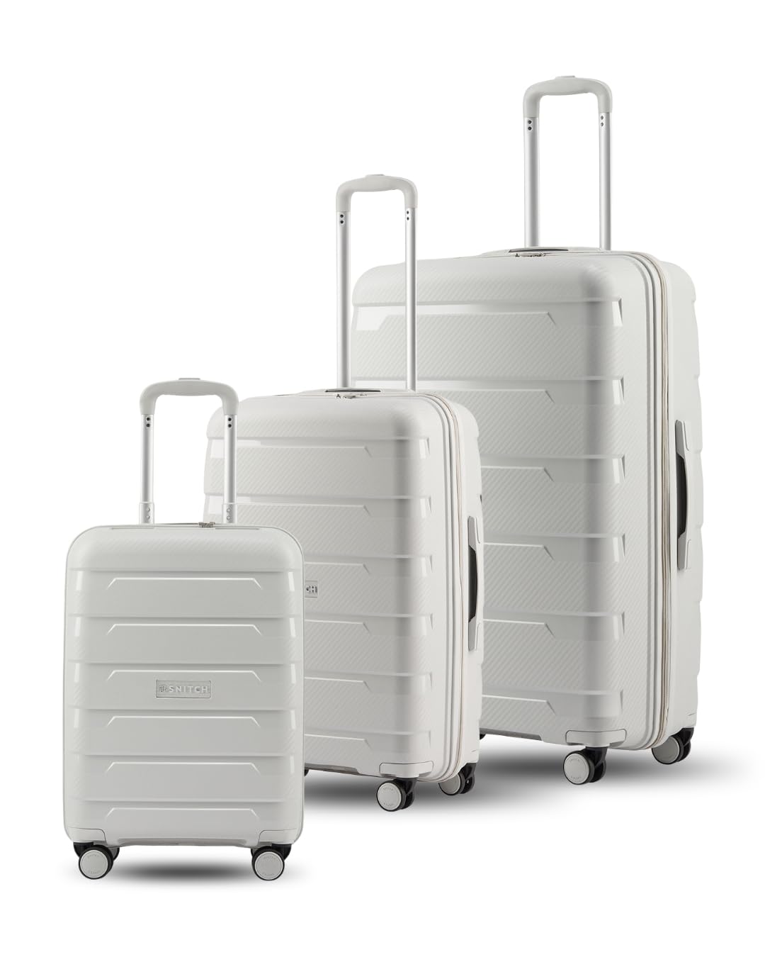 SNITCH Layer 3Pc Set Light Grey Polypropylene Hard Travel Suitcase - Suitcase for Travel Set of 3 & Luggage with 8 Wheels, Premium Lock, Wet & Dry Pouch & Free Shoe Bag
