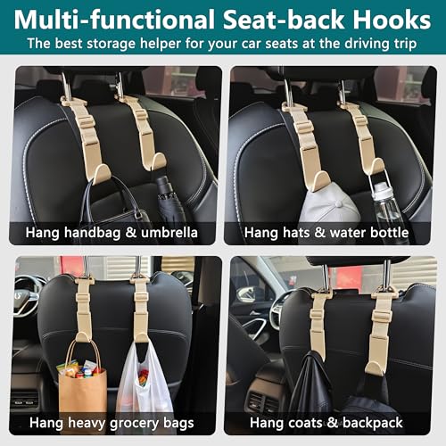Image of Amooca 4 Pack Anti-drop Headrest Hooks Adjustable Car Seat Organizer | Universal Fit with Clip, Hanger for Backpack Umbrella Water Bottle Coat Purses Handbags Groceries, 40lb Heavy Duty, Beige
