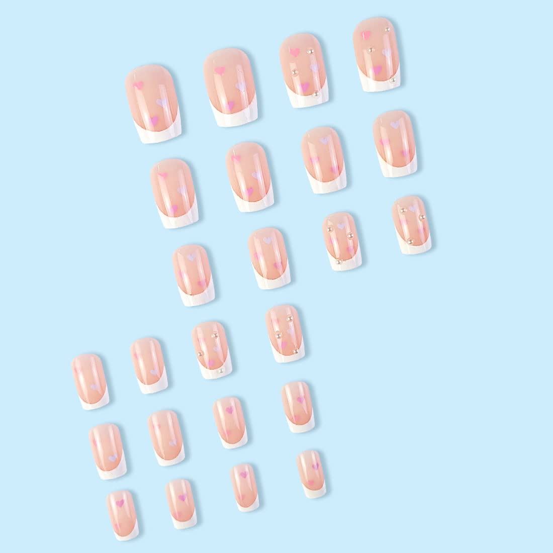 24 PCS Short False Nails French Fake Nails Love Heart with Pearl Design False Nails Pink & White False Nails Square Fake Nails Glossy False Nails Daily Decorative Art for Women and Girls - Image 3