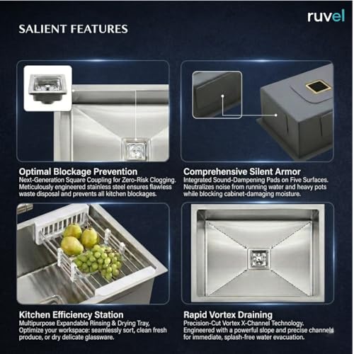 Image of RUVEL Kitchen Sink 24 inchx18 inchx9 inch | Premium Handmade 304 Grade Stainless Steel Single Bowl | Heavy Duty, Rust & Scratch Resistant | Includes Waste Coupling, Drain Rack & Hose Pipes | Silver - Matt Finish