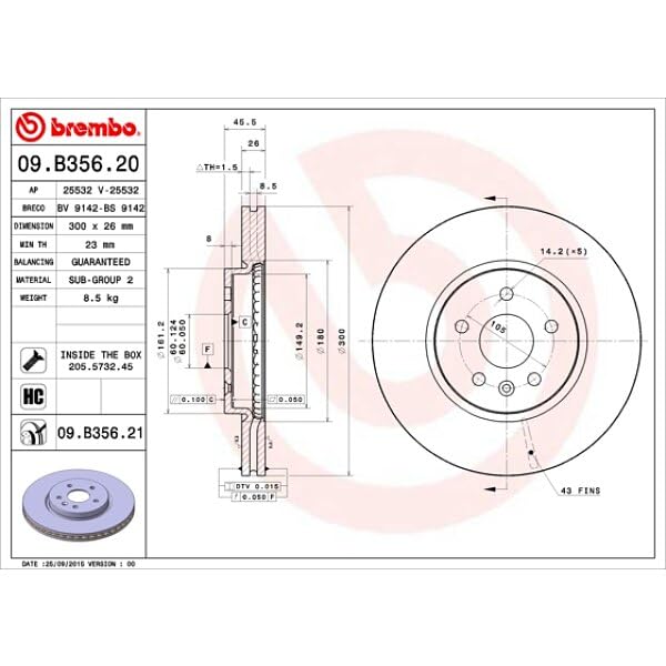 2x BREMBO Disco freno Anteriore Ø300mm Altezza: 46mm Spessore: 26mm ventilazione interna 09.B356.21 Compatibilità con OPEL Mokka/Mokka X J13 MOKKA X VAN J13, CHEVROLET Trax I U200