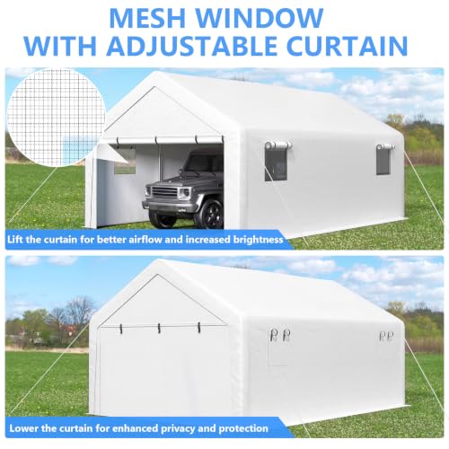Image of Jocoevol 13x21 FT Enclosed Carport with Roll-up Windows, Removable Sidewalls & Doors and Sandbags for Car Boat Truck Motorcycle, White