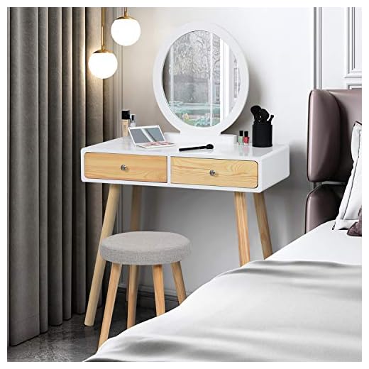 Makeup Vanity Table Set with Round Mirror and 2 Large Drawers, Dressing Table with Cushioned Stool for Girls Women, Bedroom Vanity Desk (White)