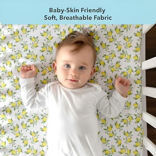Image of Fitted Cot Crib Sheet for Baby - Lemon Print, Soft & Breathable Newborn Bedding, Deep Pocket All-Round Elastic Fitted Crib Sheet (28 inchx52 inch / 132x71 cm)