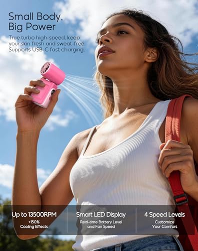 Image of Portable Clip-On Mini Fan, Hands-Free, Turbo Personal Handheld Fans Rechargeable w / 4 Wind & LED Display, Pocket Size Summer Essentials for Travel /EyeLash /Beach /Concert, Gifts for Women Men(Hot Pink)