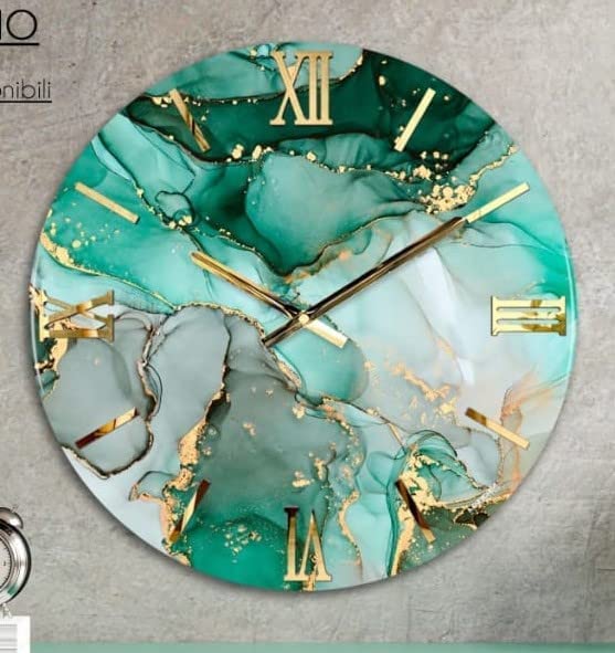 Generico Orologio da Parete,colore verde Soggiorno, Cucina, Moderno,Effetto marmo, Base legno, Lavorazione a resina, Numeri a rilievo, Made in Italy modello Petrolio cm 40