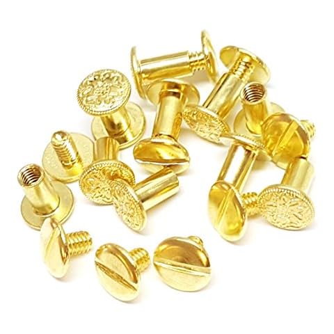 Set of 10, 3/8" Engraved Floral Solid Brass Gold Chicago Screws Fastener Cover