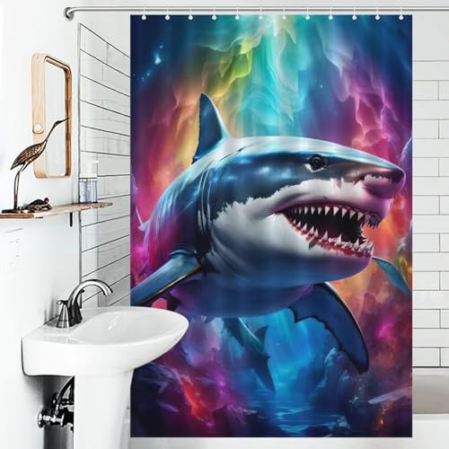 Rideau de douche requin en tissu polyester lavable imperméable 122x183cm avec 12 crochets