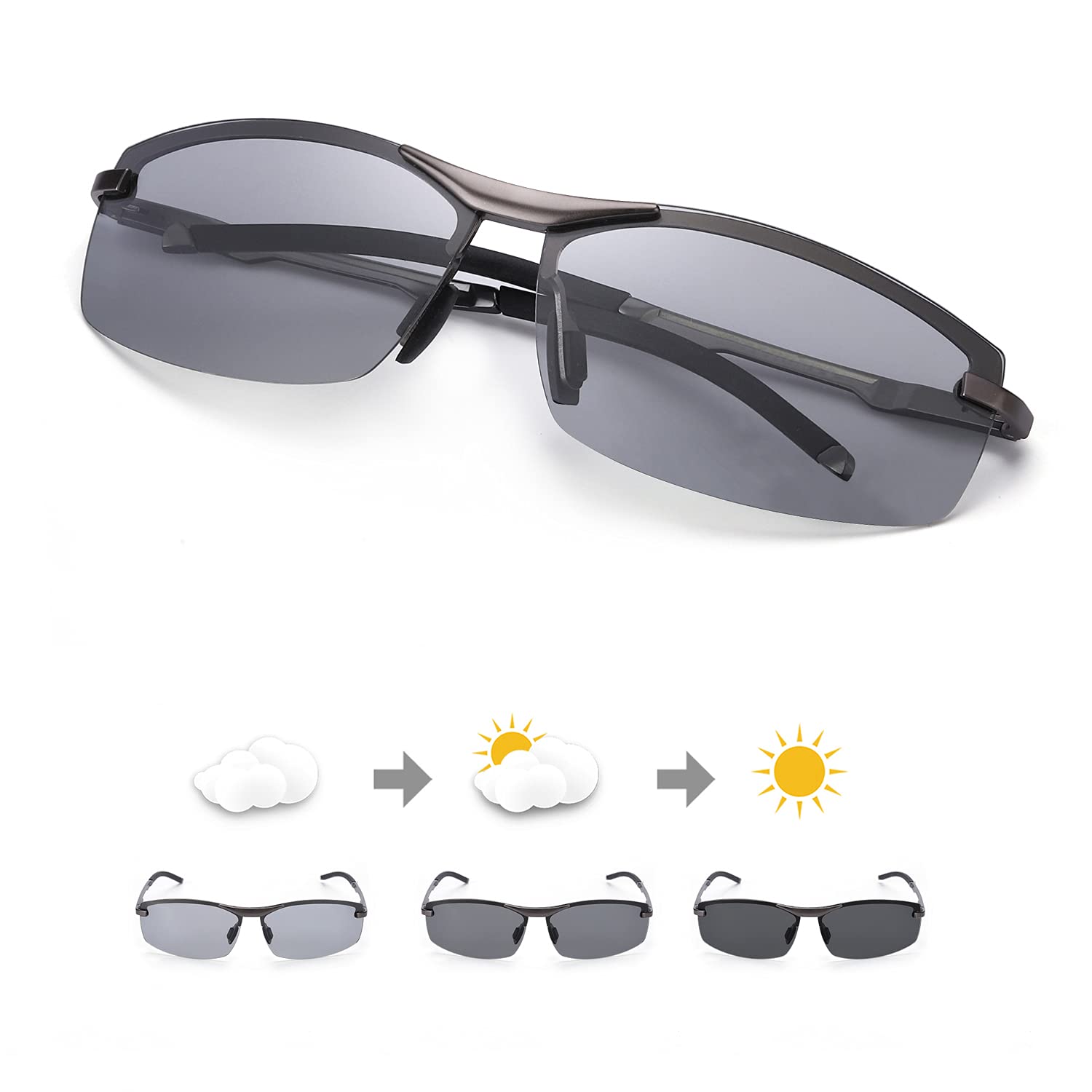 Men's Photochromic Sunglasses with Polarized Lens for Driving Fishing Outdoor 100% UV Protection, Anti Glare
