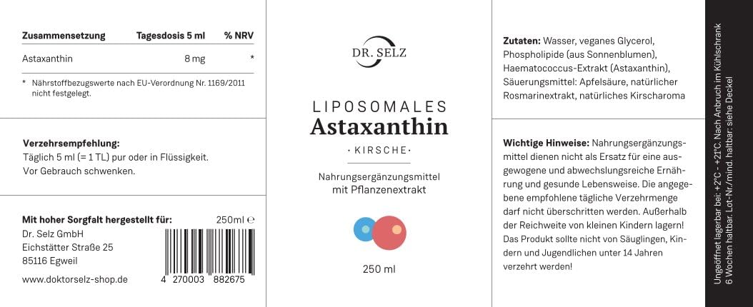 Dr. Selz Liposomales Astaxanthin, hohe Bioverfügbarkeit, vegan, Laborgeprüft.