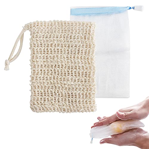 Lot de 2 sacs à savon en maille exfoliante faits à la main avec cordon de serrage, sac en maille pour le nettoyage du corps