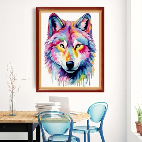 Image of Magxvouy Cross Stitch Kits Stamped Full Range of Embroidery Kits,Cross Stitch Patterns Needlework Kits for Beginners 11CT Printed Kits&Colorful Wolf 16x20 inch