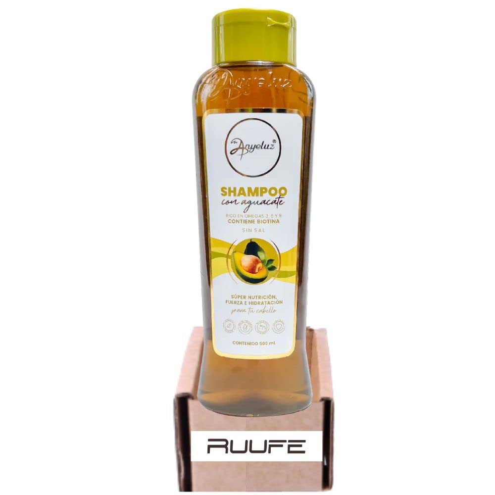 RUUFEAvocado Shampoo 15.2 shampoo de aguacate anyeluz Omegas 3, 6 and 9, contains biotin and has no salt Ideal to give super nutrition, strength and hydration to your hair Shampoo anyeluz