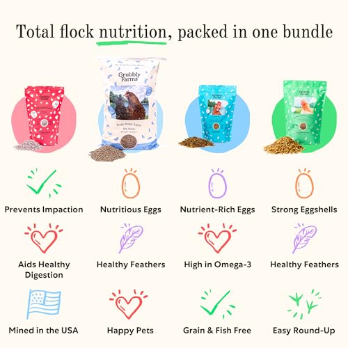 Image of Grubbly Farms Adult Chicken Bundle - Chicken Grit, Fresh Pecks Layer Feed Pellets, Omega Mix & Grubblies - Complete Nutrition, Proper Digestion, Strong Eggshells & Natural Protein Treats