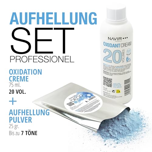 NAVIR Professionell | Haar-Aufhellungsset | Decoblonde Blondierpulver bis 7 Töne mit Keratin + Oxidationscreme | Damen und Herren (Pulver 25g + Oxidant 75ml 20 Vol)