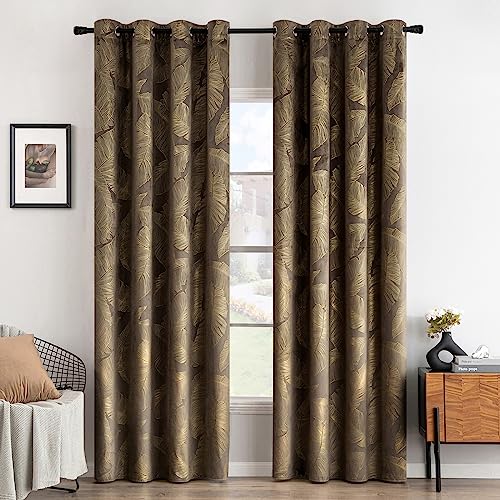 MIULEE Rideaux Velours avec Motif Feuilles d'Or - Très Doux Velour Taupe Marron à Oeillet, Opaque pour Fenêtre, Chambre, Salon, Intérieurs - 2X L140xH175cm