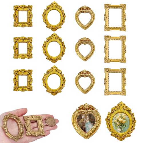 Foonary 12 mini marcos de fotos vintage y dorados, resina barroca Relief respetuoso con el medio ambiente. - Elipse/cuadrado/borde delgado/corazón Accesorios de bricolaje para arcilla de queso crema