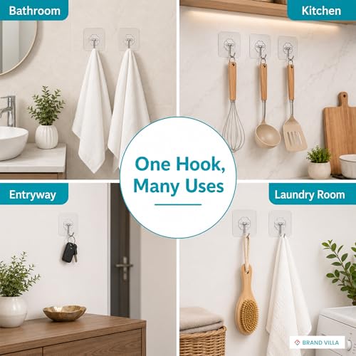 Image of BRAND VILLA Flower Shape Transparent Adhesive Wall Hooks Heavy Duty Waterproof Self Adhesive No Drill Damage Free Sticky Hooks for Bathroom Kitchen Door Towel Key Holder Pack of 10