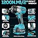 1/2 Inch Cordless Impact Wrench, 900 Ft-lbs (1200 N·m) High Torque Brushless Impact Driver Gun, 2300 RPM, 2×4.0 Ah Batteries, LED Light, 4 Sockets, Variable Speed Power Tool for Car & Tire Removal