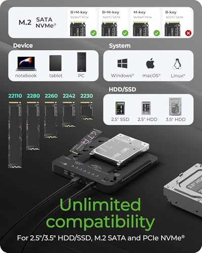 ICY BOX M.2 NVMe & SATA SSD/HDD Docking Station, USB-C 3.2 Gen 2 (10 Gbps) Hard Drive Clone Station & Reader Dual Bay for M.2 NVMe/SATA + 2.5”/3.5” SSD & HDD Converter, Offline Cloning, Tool-Free