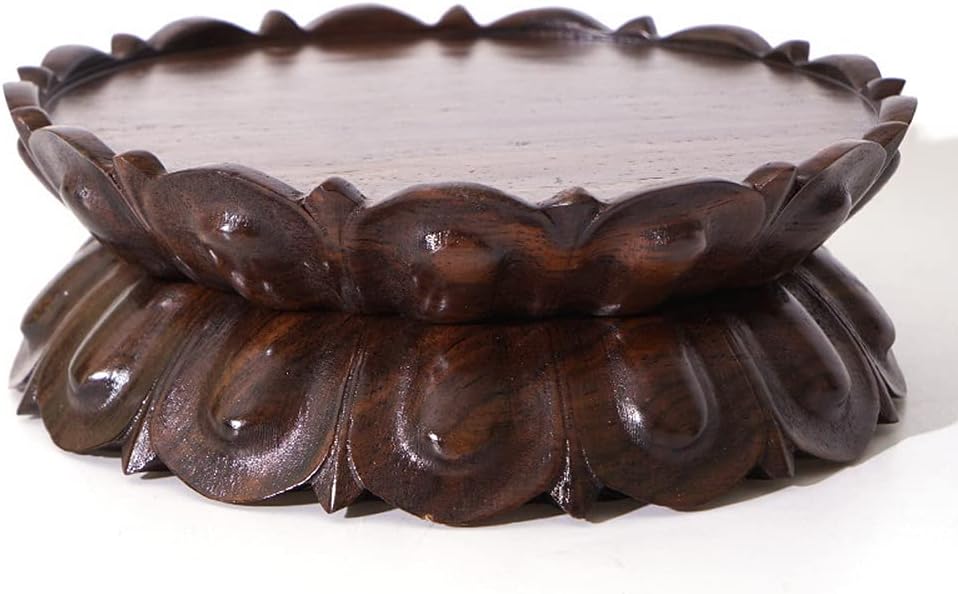 GOLDY&WENDY Round Wooden Black Catalpa Base Carved Lotus Shape Pedestal Vase Buddha Fish Tank Ornament Craft Display Stand