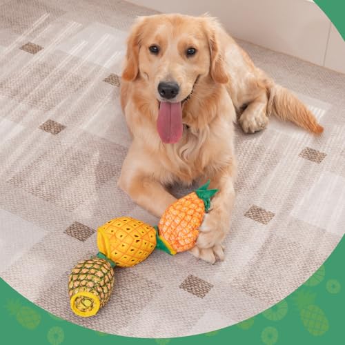 Image of No Stuffing 3pc Squeaky Dog Toys 2 in 1 Interactive Plush Dog Toy Pineapple Shaped Rip&Reveal Toy for Boredom- Perfect for Chew&Fetch Play