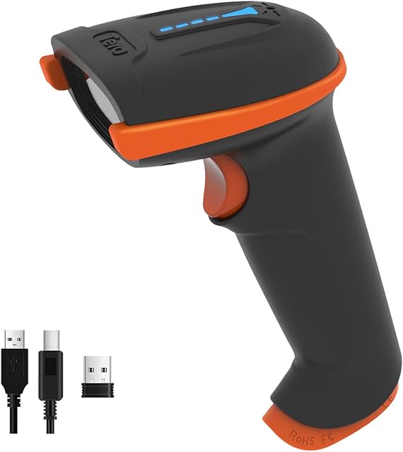Tera Barcode Scanner Wireless with Battery Level Indicator (2.4Ghz Wireless+USB 2.0 Wired) Rechargeable 1D Barcode Reader USB Handheld Bar Code Scanner, Design Patent: EU008489413, Model 5100,Orange