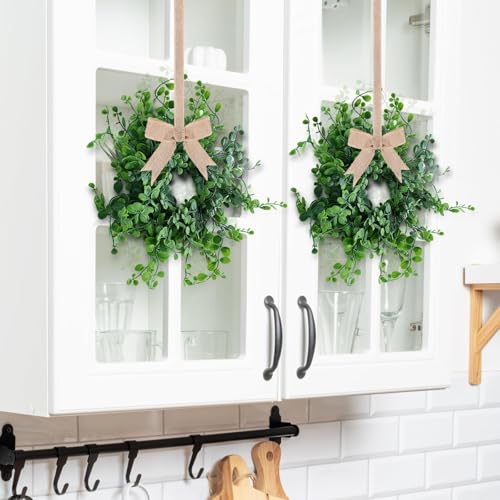 Image of Mini Green Boxwood Candle Rings Wreaths Spring Summer Kitchen Cabinet Swags Wreath 3 Inch Wedding Rings Wreaths Pillar Candle Holder for Wedding Home Door Tabletop Decor (4, Green Boxwood)