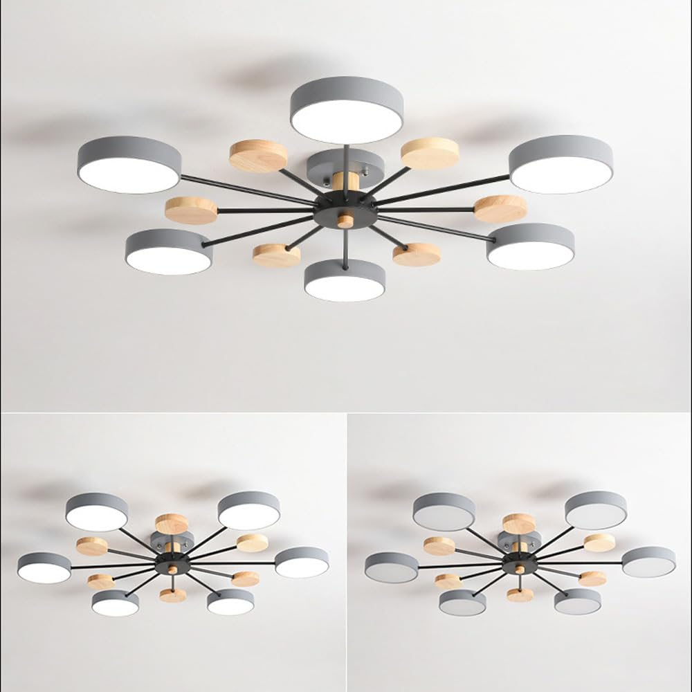 Lampa sufitowa Sputnik w nowoczesnym stylu z połowy wieku, 3 światła, biała, zielona i szara, drewniana lampa sufitowa inspirowana nordyckim stylem wiejskim. Okrągłe oświetlenie do sypialni