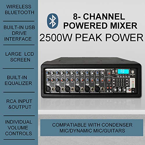 PRORECK MX8 2500 P.M.P.O 8 Channel Compact Studio Powered Mixer with Built In Effects & USB Audio Interface for Party/Meeting/Wedding +48V Phantom Button