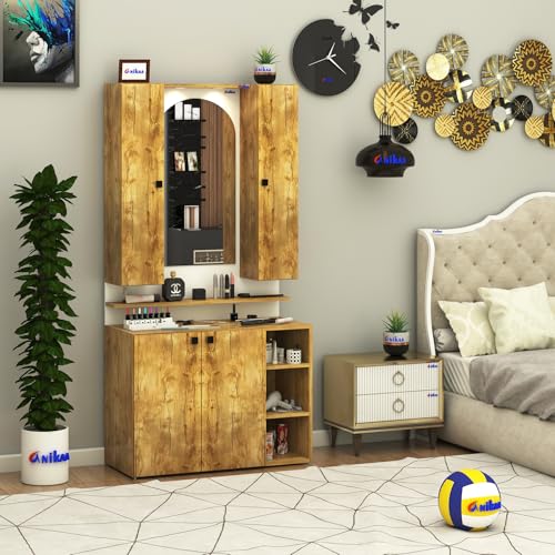 Image of Anikaa Opulex Engineered Wood Dressing Table with Mirror Cabinet, LED Lights, Storage Shelves & Back Panel - Wall Mounted Makeup Vanity & Organizer for Bedroom -(Gaintwood /White) DIY Installation