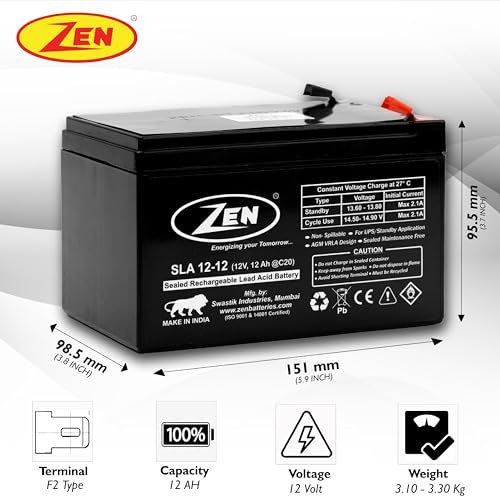 ZEN 12 Volt 12Ah SMF VRLA Rechargeable Battery | Reliable Power Solution for UPS Systems, Inverters, Solar Applications, Emergency Lighting,... - Image 2