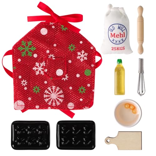BETESSIN Wichtel Zubehör Weihnachten - 9er Miniatur Backset - inkl. Weihnachtsschürze, Mehl, Öl, Eier, Eierklopfer, Nudelholz, Keks-Formen usw. - Miniatur Zubehör für Wichteltür und Puppenhaus Möbel