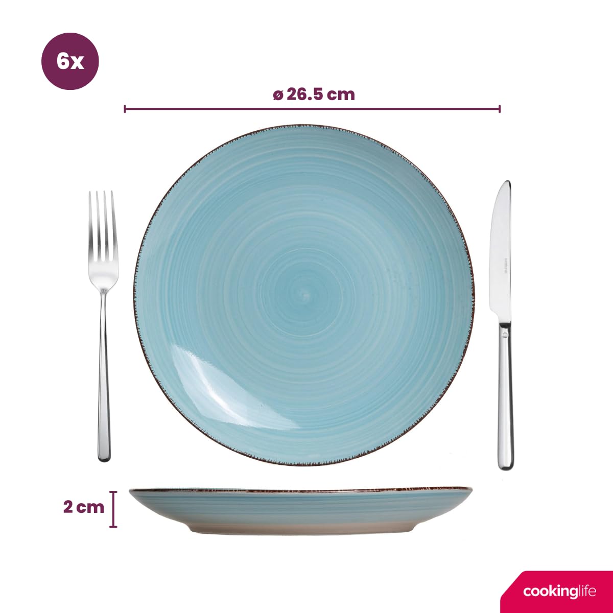 Cookinglife Delice - Piatti piani 6 pezzi, in ceramica, 26,5 cm, blu, lavabili in lavastoviglie, adatti al forno a microonde