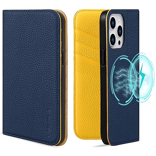 VISOUL Pebbled Real Leather Case for iPhone 15 Pro Wallet Case with Card Holder, Magnetic Kickstand Folio Case Compatible with iPhone 15 Pro(6.1-inch)(Blue+Yellow)